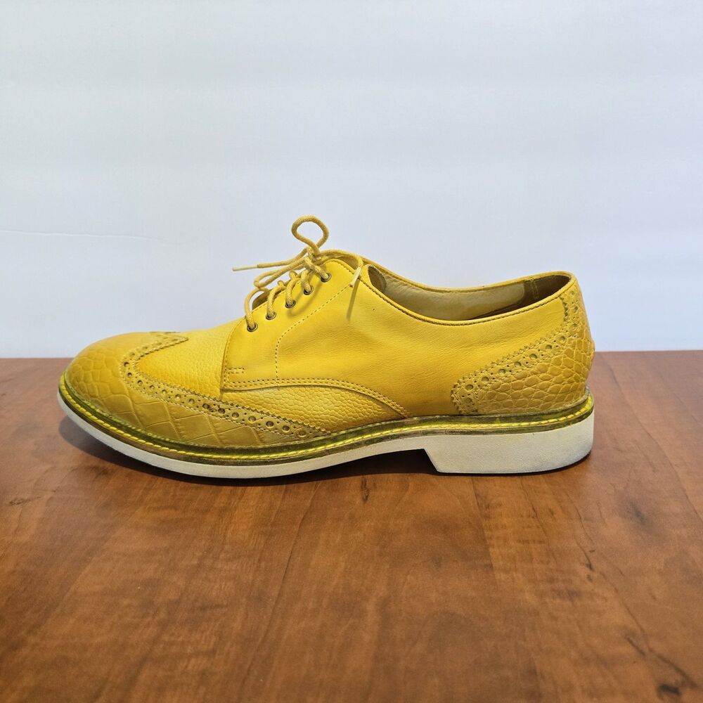 Cole Haan Yellow Wingtip Brogue Crocodile Textured Lace Up Dress Shoes 10.5M - Picture 3 of 9